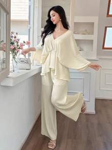 DAZY 2pcs/Set Women Summer V-Neck Ruffle Trim Blouse And Loose Casual Long Pants Leisure Outfit,Back To School Clothes