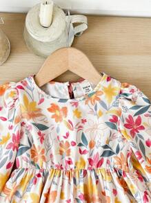 SHEIN Vestido casual de manga larga con estampado floral y ajuste holgado para bebé niña - Multicolor - Ver 5