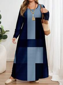 EMERY ROSE Plus Size Casual Minimalist Full Pattern Print Long Sleeve Crew Neck Dress, Suitable For Spring And Autumn Chic Dress Fall - Multicolor - View 4