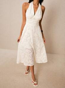 Poéselle Đầm dài cổ yếm màu trơn cho nữ, kiểu dáng mùa hè. - Màu be - Xem 5