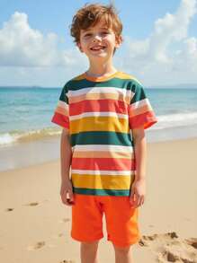 Older Boys' Casual Fashion Colorful Striped Pattern Design Basic Short Sleeve T-Shirt And Shorts Set, Refreshing & Minimalist Style Boy Colorful Clothes Young Boys Pants Big Boys Clothes Summer Clothes - Multicolor - View 3