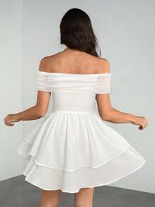 SHEIN Tall 女士纯色露肩交叉领腰部 A 字下摆迷你连衣裙时尚优雅 Y2K 适合约会、外出和夏季旅行 - 白色 - 查看 2