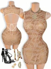 BamGleam Vestido mini ajustado sin mangas con espalda con cordones sexy para mujeres - Caqui - Ver 1