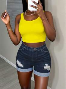 Women's Slim Fit Distressed Pattern Denim Effect Shorts, Summer Fashion - Medium Wash - View 1