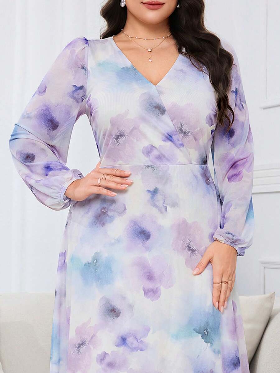 Modelyn Plus Size Women Tie-Dye V-Neck Lantern Sleeve Elegant Midi Dress - Multicolor - View 1
