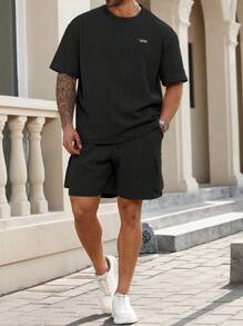 Manfinity Homme Conjunto de camiseta y pantalones cortos casuales para hombres talla grande, conjunto de dos piezas casuales de verano para hombres - Negro - Ver 4