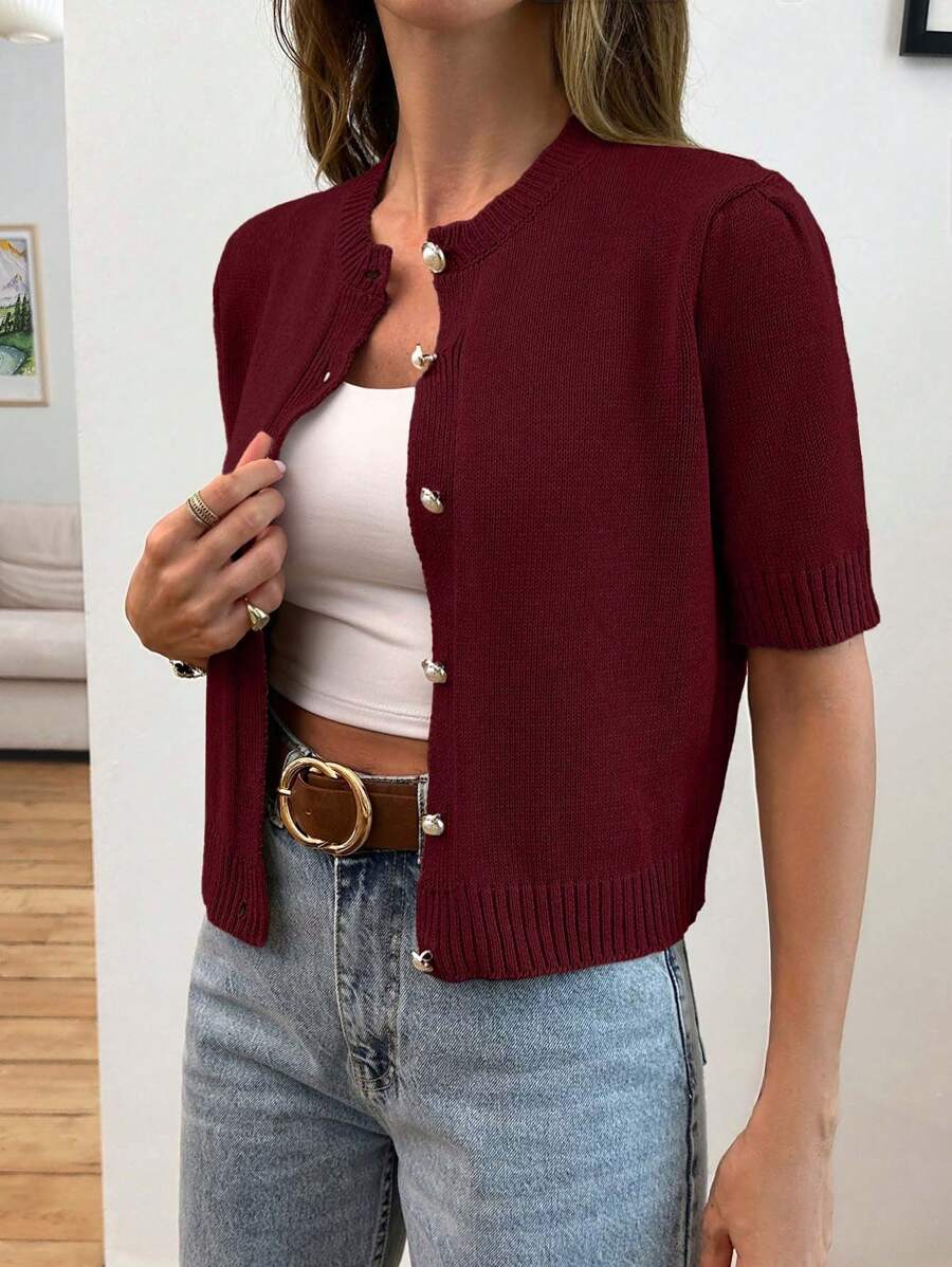 EURMUSE Gold Button Short Sleeve Elegant Cardigan - Burgundy - View 1