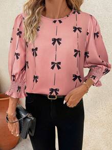 SHEIN Clasi 蝴蝶结印花圆领修身中线女式衬衫，夏季春季教师衬衫，适合女教师度假乡村夏装 - 粉色 - 查看 4