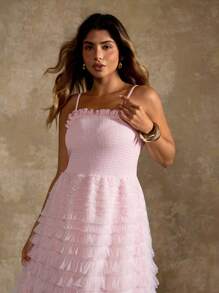 Flirla Plus Size Elegant Solid Color Mesh Maxi Slip Dress, Summer - Pink - View 7