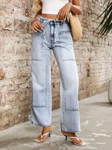 SHEIN Holidaya Women Lace-Up Light Blue Washed Denim Jeans - Blue - View 7