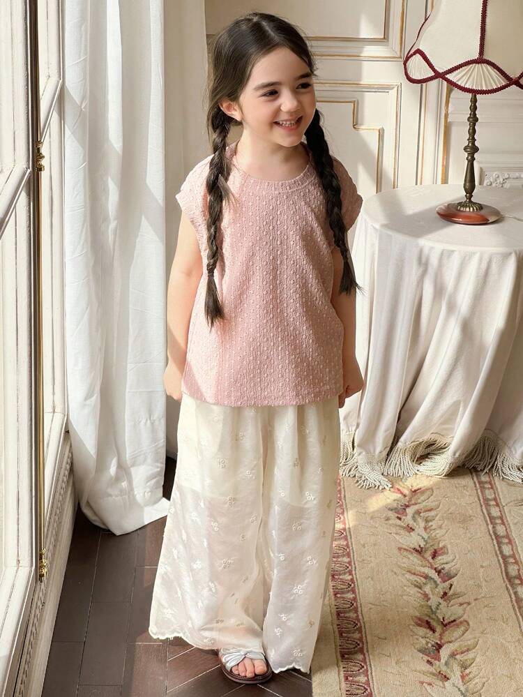 Conjunto de 2 piezas para niñas con top de punto de cuello redondo casual + pantalones con detalles de encaje de pierna ancha, conjunto de ropa de verano para niñas