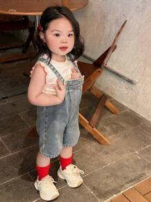 Dazy Kids 女童休闲宽松破洞牛仔背带裤，可爱夏季 - 淺灰色 - 查看 6