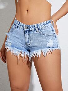 SHEIN ICON 大码女式 Y2K 街头风格水洗做旧毛边百搭牛仔短裤，夏季 - 淺色水洗藍 - 查看 5