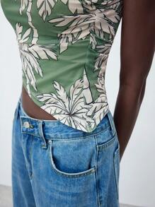 Maija 2025 Summer New Sage Green Tropical Rainforest Coconut Tree Print Asymmetrical Cutout Collar Casual Sleeveless Top For Women,Boho Vacation Holiday - Multicolor - View 7