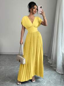 Rafferiza 海军蓝交叉前褶饰腰部短款黄色女式连衣裙 - 黃色 - 查看 4