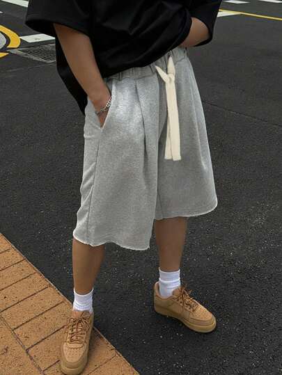 Claim Dot Men's Gray Loose Casual Knee Length Shorts With Frayed Hem, Summer And Versatile Shorts, Baggy Oversized Shorts