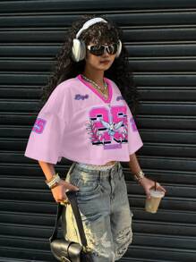 SHEIN EZwear Muchica 粉色撞色运动风格数字 25 和平图案女式休闲 V 领宽松短款 5/8 袖网眼 T 恤，适合夏季、运动游戏和活跃 - 粉色 - 查看 4