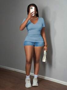 Slaydiva 女士休闲罗纹 V 领无袖工字背心 T 恤，白色 - 藍色 - 查看 3