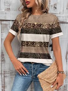 SHEIN LUNE 休闲条纹圆领女式T恤，适合夏季 - 彩色 - 查看 5