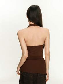 Rina Fox Women's Summer New Sexy Backless Draped Neck Spaghetti Strap Design Camisole Top - Brown - View 3