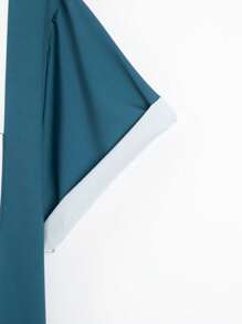 Manfinity Homme Music Note & Guitar Print Men's Casual Short Sleeve Button Down Shirt, Color Block Summer Shirt For Men - Navy Blue - View 4