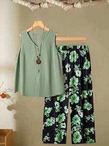 Linhara Set Kasual 2 Potong: Atasan Tanpa Lengan Leher V Warna Hijau Zaitun dan Celana Motif Bunga Vintage, Gaya Minimalis Cocok untuk Ukuran Plus, Pakaian Liburan Musim Panas - Hijau - View 1
