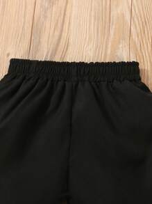 SHEIN 男童纯色弹力腰翻盖口袋工装短裤，舒适休闲短裤，适合日常穿着、海滩、度假、派对、夏季