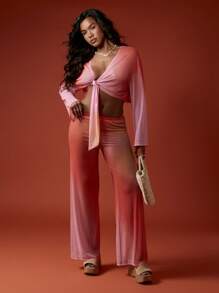 MISSGUIDED Beachwear Resort Two Piece Mesh Cover Up Vacation Wide Leg Pants Set Drawstring Summer Lounge Wear Festival Outfit Pool Party Cruise - Multicolor - View 1