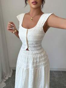 Selianne 女士浪漫优雅方领短袖上衣半裙套装，夏季 - 杏色 - 查看 3