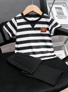 SHEIN 2pcs/Set Toddler Boys Black & White Striped Splice Short Sleeve T-Shirt & Black Pants Summer Outfit, Suitable For Daily Casual, Outdoor, Home, Vacation Boy Clothes For Kids Baby Boys Sets Boy Baby Clothes Baby Boys Sets Boys Clothes Baby Boy Clothes For Toddler Infant Boys Clothing Sets 6M-3T - Black and White - View 5