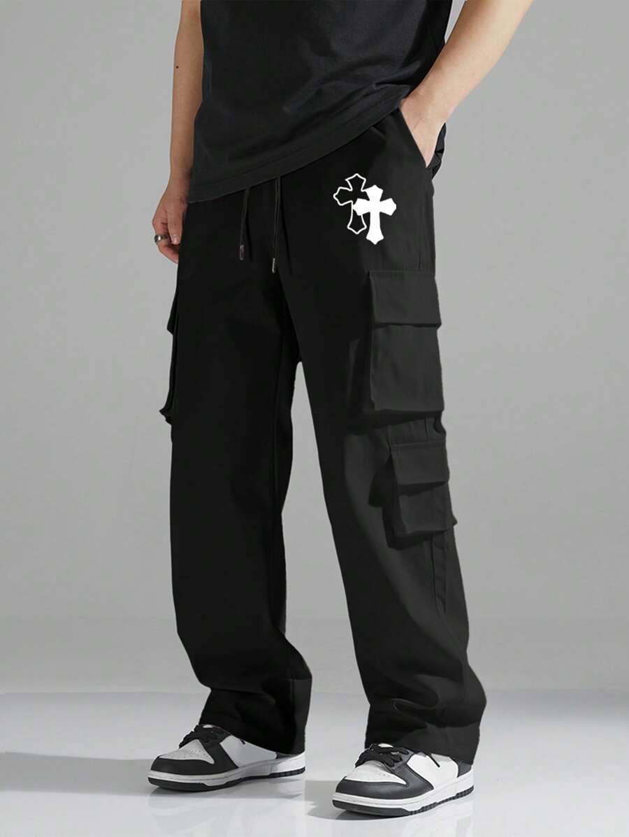Manfinity Hypemode Men's Cross Print Drawstring Waist Cargo Pants With Pockets - Black - View 1