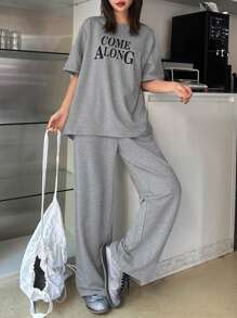 DAZY 2pcs/Set Women Letter Print T-Shirt & Sweatpants - Grey - View 1