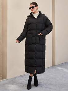 EURMUSE Women Hooded Extra Long Pocket And Zipper Detailed Black Winter Padded Coat Insulated Coat - Black - View 5