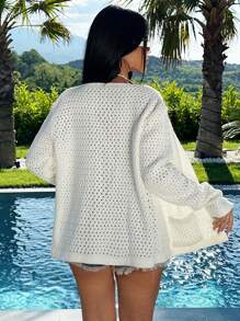 SHEIN Cottnline كارديجان أنثوي أحادي اللون مفتوح الأمام به جيوب ومفاصل مفرغة - كريم - مشاهدة 3