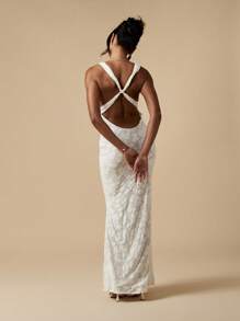 MISSGUIDED Stretch Devore Maxi Gown With Crisscross Open Back Wedding Guest Bridesmaid Special Occasion Floor Length Evening Dress