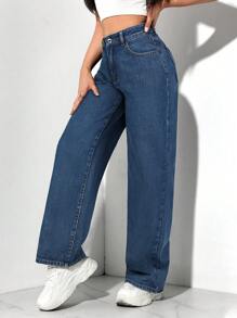 SHEIN PETITE 女士休闲宽松口袋阔腿牛仔裤 - 藍白色 - 查看 7