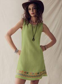 EMERY ROSE 夏季休闲海滩度假亚麻纹理杏色女式无袖背心裙