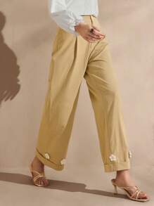 Graceveil Damskie khaki modne ręcznie robione kwiatowe dekoracje letnie nowe spodnie w stylu - Kolor khaki - Zobacz 5