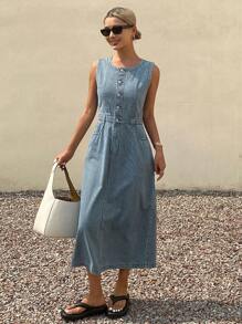 DAZY Western Style Round Neck Striped Sleeveless Women Denim Dress, Summer Vacation Outfits Women - Medium Wash - View 5