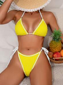 Swim Vcay 女士夏季服装撞色绑带纹理侧系带吊带黄色比基尼套装夏季 - 黃色 - 查看 4