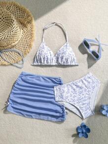 3pcs/Set Tween Girls Floral Print Tankini Swimsuit With Skirt - Multicolor - View 6