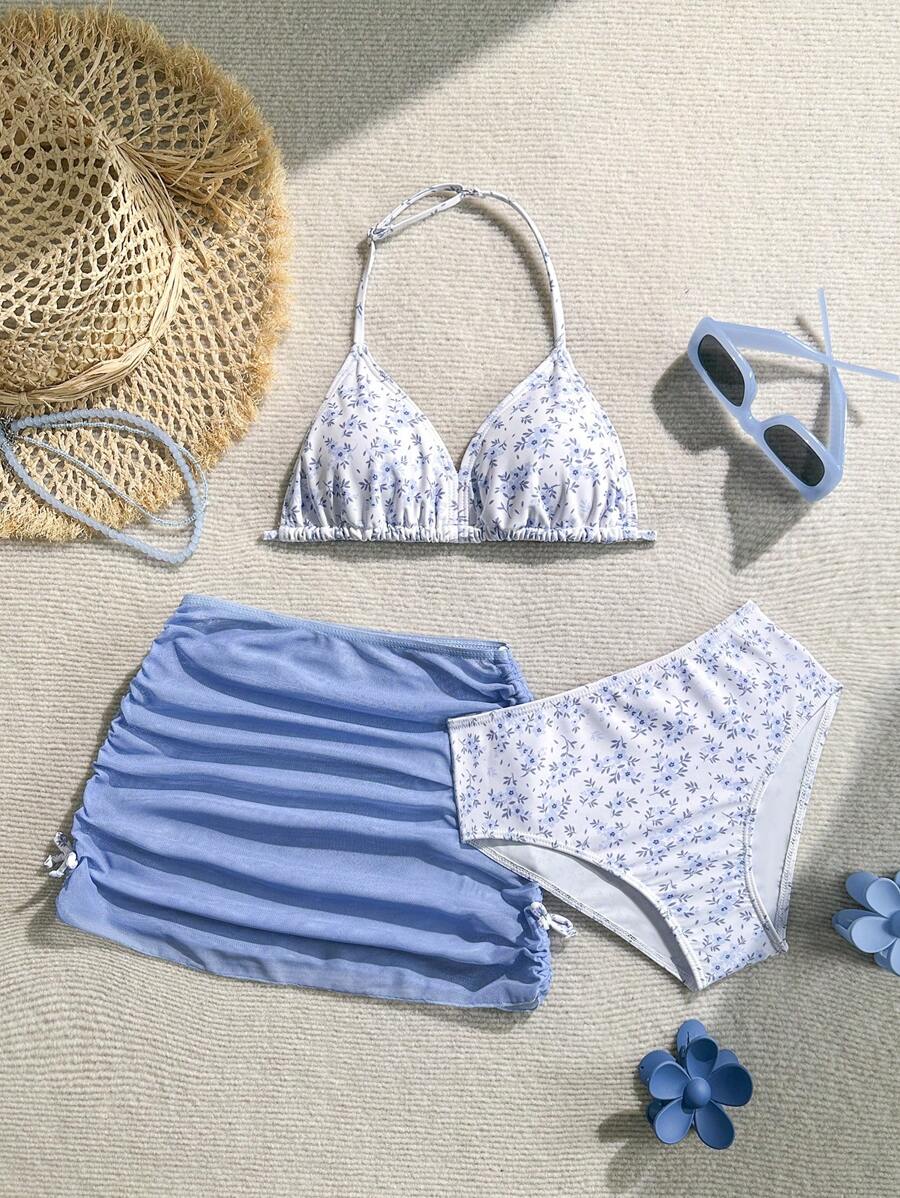 Set de 3 piezas Traje de baño tipo tankini con estampado floral y falda para niñas preadolescentes - Multicolor - Ver 1