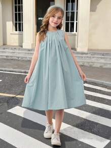 SHEIN Tween Girls' Loose Casual Crew Neck Sleeveless Backless Cutout Long Dress, Solid Color - Mint Green - View 2