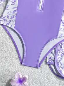 全新时尚女童印花拼布连体泳衣 - 紫色 - 查看 5