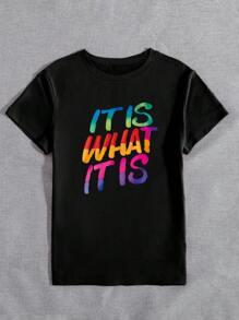 女款“It Is What It Is”标语T恤，彩色字母休闲圆领短袖T恤，适合日常穿着