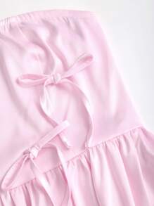 Sweetra Top tip bandeau romantic, uni, cu fundă decorativă, pentru femei - Roz - Vizualizare 3