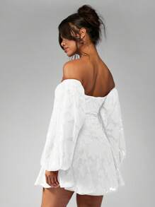 MISSGUIDED Off Shoulder Balloon Sleeve Mini Skater Dress Puff Sleeve Ruched Bust Textured Party Wedding Reception Bridesmaid Evening - White - View 2