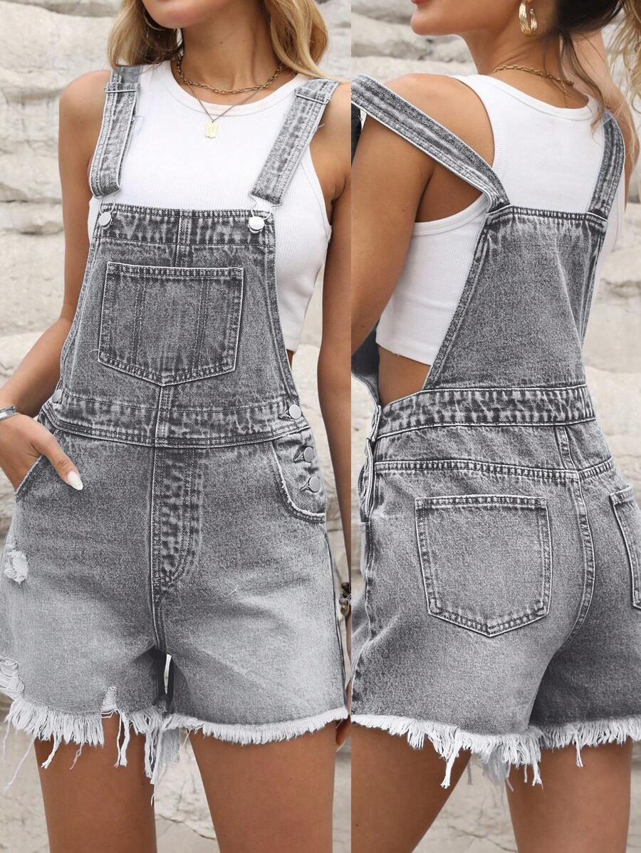 EMERY ROSE 女式磨边口袋破洞休闲牛仔背带短裤 - 灰色 - 查看 1