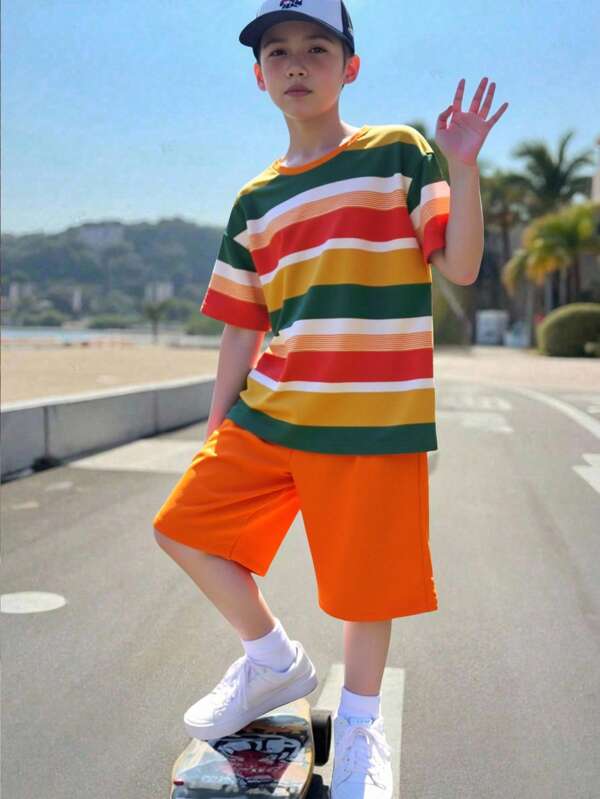 Older Boys' Casual Fashion Colorful Striped Pattern Design Basic Short Sleeve T-Shirt And Shorts Set, Refreshing & Minimalist Style Boy Colorful Clothes Young Boys Pants Big Boys Clothes Summer Clothes