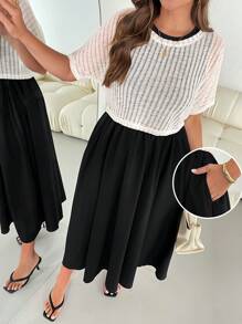 SHEIN Essnce Ple-Size 女士夏季两件套夏季休闲套装连衣裙衬衫套装短袖套装黑色长裙两件套 - 黑色 - 查看 6